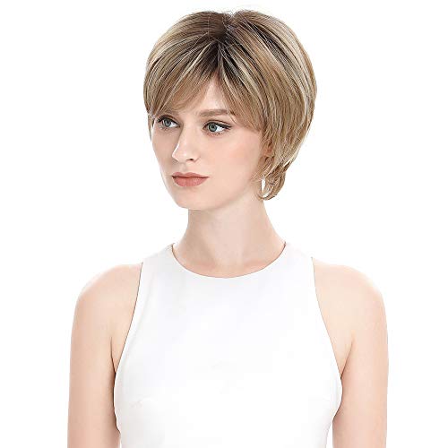 REMY FORTE Short Hair Wig for Women Short Heat Resistant Wigs Glueless Wig with Brown Roots Go To Wigs 110 Grams 9 Inches (Dark Blonde)