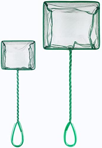 Pawfly 4 & 6 Inch Aquarium Fish Net Set with Braided Metal Handle Square Green Net with Soft Fine Mesh Sludge Food Residue Wastes Skimming Cleaning Net for Fish Tanks Small Koi Ponds and Pools