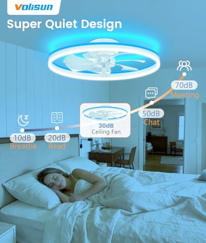 Image of VOLISUN RGB Ceiling Fans with Lights and Remote, 23.6in Low Profile Ceiling Fans with Lights Flush Mount, 3000K-6500K Dimmable Fandelier LED Fan Light, White Bladeless Ceiling Fans for Bedroom