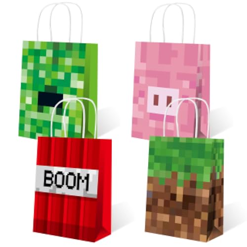Pixel Party Favors Bags - 16 pcs, Happy Birthday Decorations Kids Party Supplies, Mining Video Game Theme Gift bags, Small Treat Candy Goodie Bags with Handles