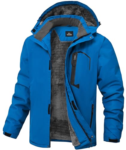Image of Mens Winter Jackets Waterproof Warm Fleece Ski Jacket with Hood Thermal Windproof Coat Zip Pockets