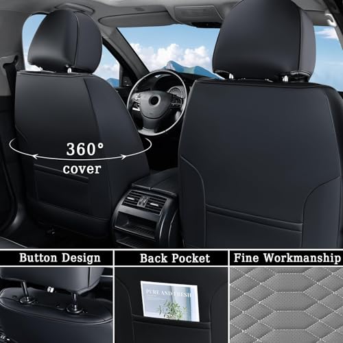 Image of Coverado Seat Covers Full Set, Waterproof Nappa Leather Seat Covers for Cars, 5 Seats Universal Car Seat Protectors, Black and Gray Automotive Seat Covers Car Seat Cushions Fit for Most Cars
