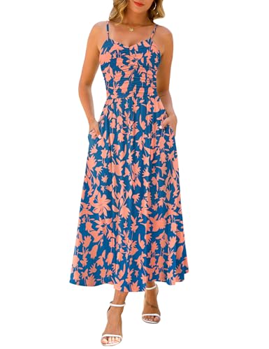 Image of Annebouti Women 2026 Summer Spring Ruched Maxi Dress Adjustable Spaghetti Strap Floral Beach Long Sundress with Pockets