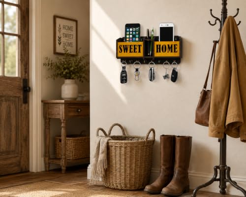 Image of Sweet Home Key Holder for Home Wall Stylish | Wooden Key Stand for Wall | MDF Key Hanger | Two Box to Charge Mobile | Pen and Keys Holder Stand for Office, Hall Living | Matte Finish