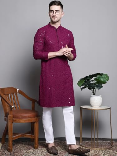 Image of Lucknow Chikan Men's White Pure Cotton Kurta Pajama Set, Full Booty