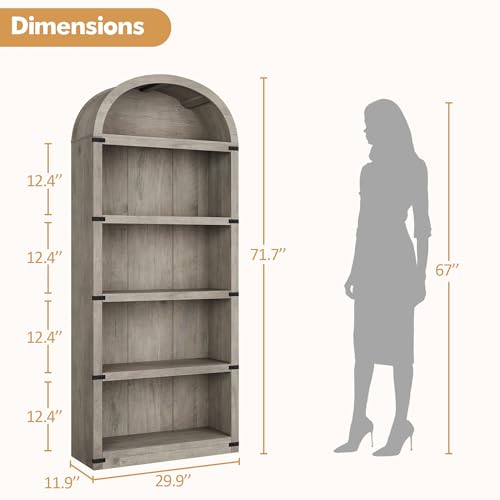 GarveeHome Bookcase Arched Bookshelf 71.65in Tall Bookcase Farmhouse Display Storage Rack Wooden Bookshelves for Home Office, Living Room