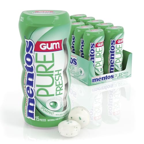 Mentos Pure Fresh Sugar-Free Chewing Gum with Xylitol, Spearmint, 15 Piece Bottle (Bulk Pack of 10)