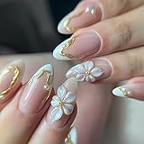 Dermalyx 24 Ongles Pressés Blancs Avec Bordure Dorée Et Fleurs De Perles, Faux Ongles À Coller, Ongles Artificiels, Ongles En Gel Souple, Faux Boutons D’ongles