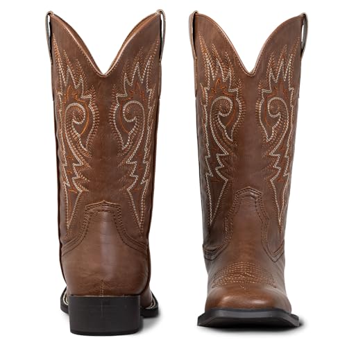 Image of SheSole Cowboy Boots for Women Wide Calf Square Toe Western Boots in Beige and Brown Embroidery Cowgirl Riding Boots