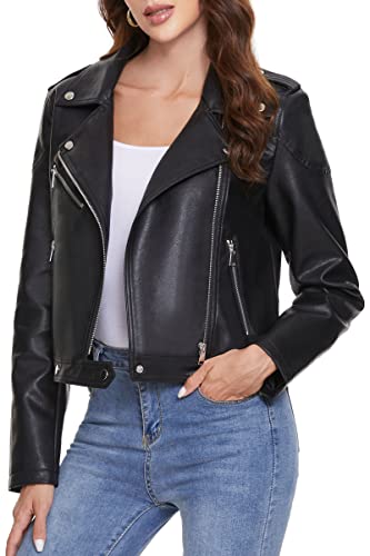 Fahsyee Damen Lederjacke, Kunstlederjacken mit Reißverschluss, kurze PU-Motorradjacke, schmale Bikerjacke, enganliegende Slim-Fit, Schwarz, Größe S