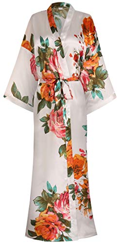 Image of goodmansam Women's Long Floral Satin Kimono Robes Bridal Dressing Gown Wedding Bridesmaid Nightgown