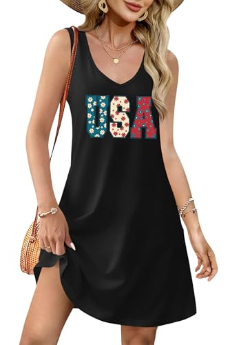 Image of LHBNK 4th of July Dress for Women: American Flag Tank Dresses Star Striped Splicing Loose V Neck Sundresses