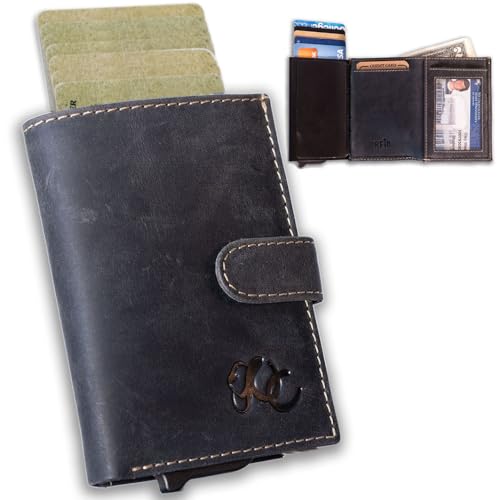 Image of Full Grain Leather Pop-Up Wallet for Men - RFID Blocking Bifold with Quick Card Access - Slim Minimalist Design - Holds 8+ Cards & Cash (Black)