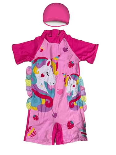 Image of Girls Swimsuits Half Sleeve Rash Guard Swimwear with Matching Cap One-Piece Bathing Suits 2-11 Years