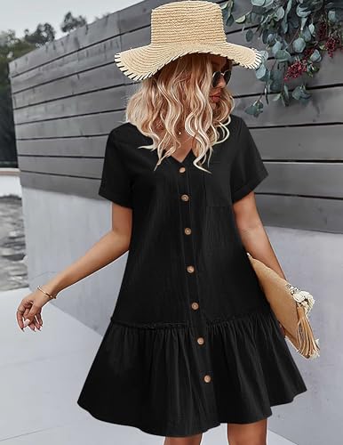 Image of HOTOUCH Women Button Down Dress Loose Summer Cotton Linen Dress Ruffle Hem Casual Dress Short Sleeve Tunic Dress