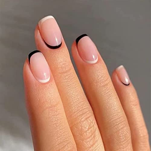 24 Pcs French Tip Press On Nails Short Square Fake Nails Full Cover Acrylic Nails Glossy Nude False Nails With Design Black And White Nail Tips Short Stick On Nails For Women Diy Manicure Decoration #TOP10