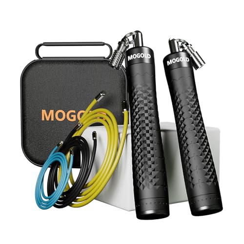 MOGOLD Weighted Jump Rope Set,Interchangeable 3pcs Heavy PVC Cords(1/5lb/1/4LB/1/2LB) In 118in Long, Anti-Slip Handles with Quick Release, Carrying Case, Black (Black)