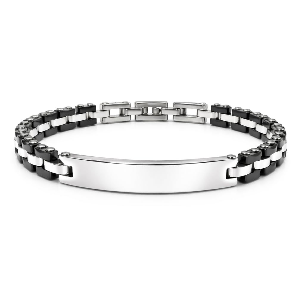 Bracciale Uomo Personalizzabile Inciso in Acciaio Inox e Ceramica Nera Sfaccettata – Braccialetto Personalizzato con Frase Data Nome – Gioiello Regalo Uomo Elegante