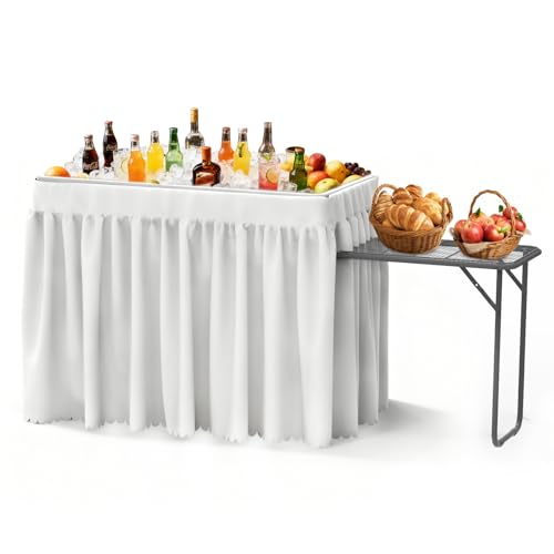 SHAREWIN Folding Ice Cooler Table with Metal Side Desktop Skirt &Drain Hose Plastic Chill Table to Keep Drinks Cool Portable Self-Serving Beverage Cooling Bar for Parties Picnics Barbecues(White