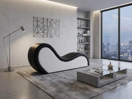 Image of SOUL CRAFT Sheesham Wood Leatherate Tantric Loung Chair, Yoga Chaise Lounge,Chaise Sofa Modern Lounge,Relaxing Chaise Lounge Chair, loveseats with Cushion (Black and White with Cushion)