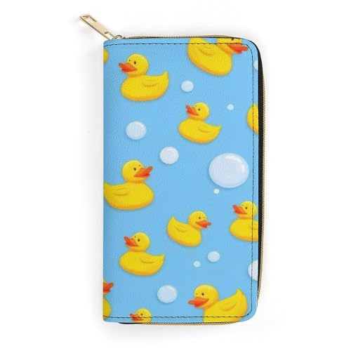 Fashion Decor Wallet, Long PU Zipper Wallet, Travel Purse Fashion Design, Huge Storage Capacity PurseCute Funny Blue Bubbles Yellow Rubber Ducks