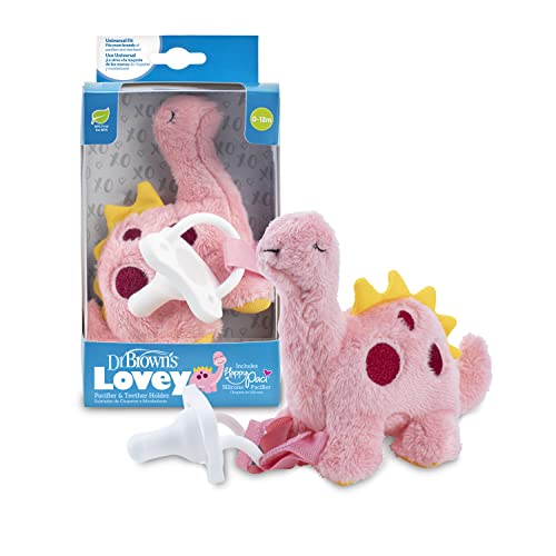 Image of Dr. Brown's Baby Lovey Pacifier and Teether Holder, Dinosaur with White HappyPaci, 100% Silicone, 0-6m