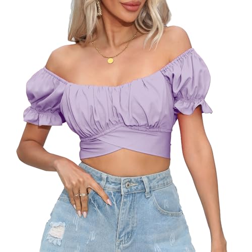 Women's Crop Tops Ruffle Short Sleeve Tie Back Summer Off Shoulde...