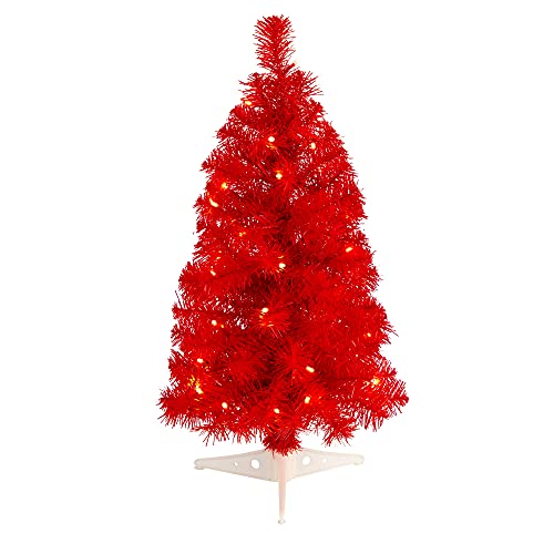 Nearly Natural 2 ft Red Artificial Christmas Tree LED Lights Mantel Decor