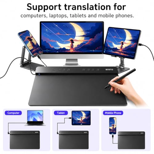 Image of BOSTO T1060K Graphics Drawing Tablet 10X6 inch with 16K Pen Levels Battery-Free Pen, 8 Multimedia Keys and, Support Android, Windows Ideal Use for Distance Education and Wed Conference (Black)