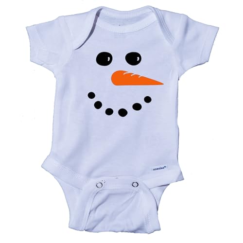 Ink Trendz Cute Winter Snowman Carrot Face Christmas Baby Creeper One-piece infant Onesie Bodysuit (White, 6-9 Months)