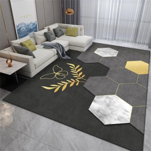 Tapis de salon antidérapant et résistant jaune à motif géométrique - 2