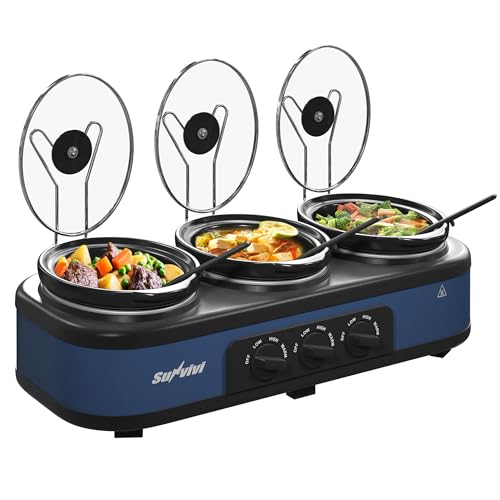SUNVIVIPRO Triple Slow Cooker, 3 x 2.5 QT Buffet Food Warmer with Removable Ceramic Pots, Buffet Servers and Warmers with Glass Lids and 3 Spoons, Stainless Steel, Blue