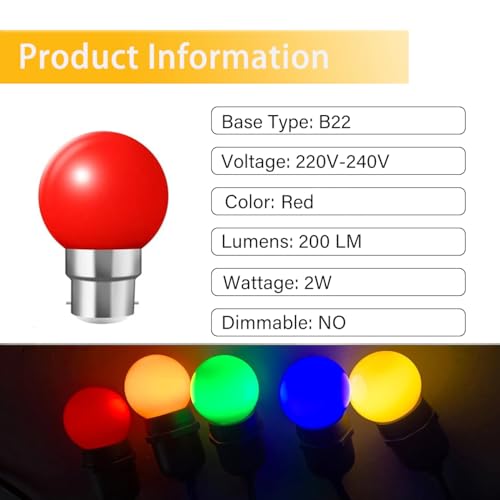 ZFQ 10 Pack B22 Bayonet Colored LED Light Bulbs 2W G45 Golf Ball Mini Globe Bulb Lighting Bulbs,Red for Outdoor Indoor String Patio Garden Party Christmas - Image 2