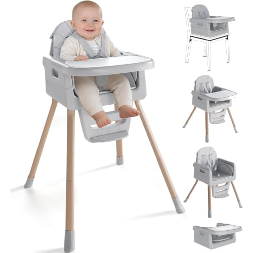 Image of Baby High Chair for 6 Months+, Foldable High Chairs for Babies and Toddlers, Convertible High Chair, Adjustable Tray & Footrest, Portable High Chair & Easy to Clean(Grey with Wood Grain)