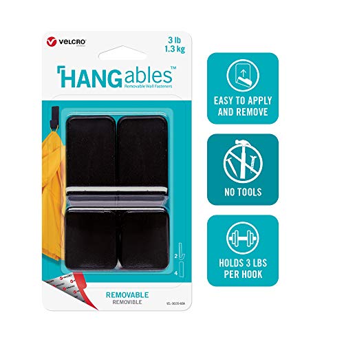 VELCRO Brand HANGables Removable Wall Hooks | Easy-to-Remove Wall Fasteners | Damage-Free, Non-Permanent Hooks | Medium, Holds 3 lbs, Black, 2-Pack