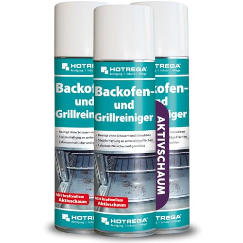 HOTREGA Backofen- und Grillreiniger 3x 300ml | Gebrauchsfertig | Entfernt eingebrannte Rückstände von Fett, Öl, Zucker | Für Edelstahl, Glas & Keramik