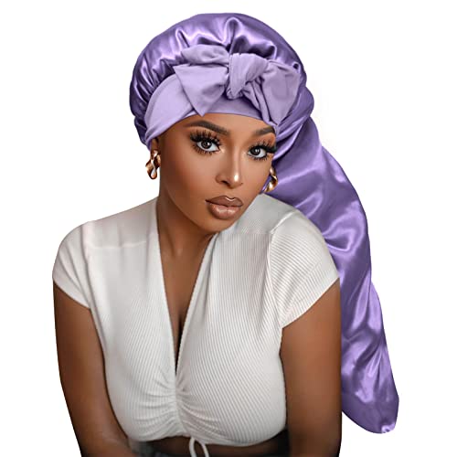 Gorro de seda satinada: gorros largos con banda elástica para atar correas ajustables, tamaño jumbo para dormir cómodamente, gorros elásticos para mujer, pelo largo y rizado, tulipán antideslizante