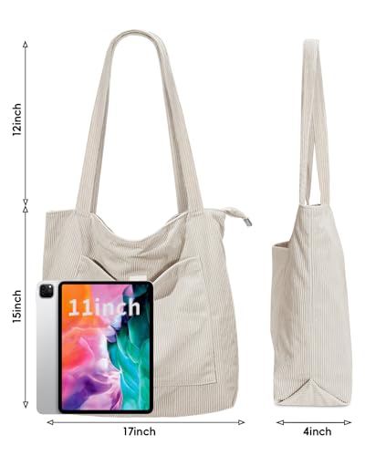 Image of Iioscre Corduroy Tote Bag for Women,Hobo HandBags with Zipper,Large Capacity Casual Shoulder Handbags with Inner Pockets