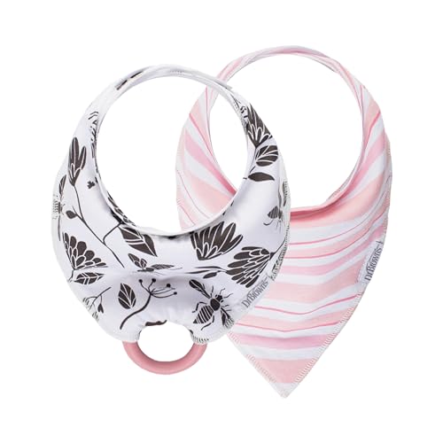 Image of Dr. Brown’s Bandana Bib with Snap-On Removable Teether, Cotton Baby Bib with Soft Fleece Lining for Teething & Drooling, 3m+, 2-Pack, Flowers & Pink Stripes