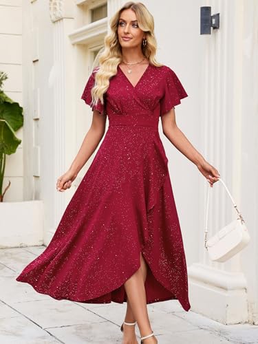 Image of Long Black Formal Dresses for Women Gowns Evening Party Cocktail Dress,Split Elegant V Neck Wrap Ruffle Wedding Guest Dresses