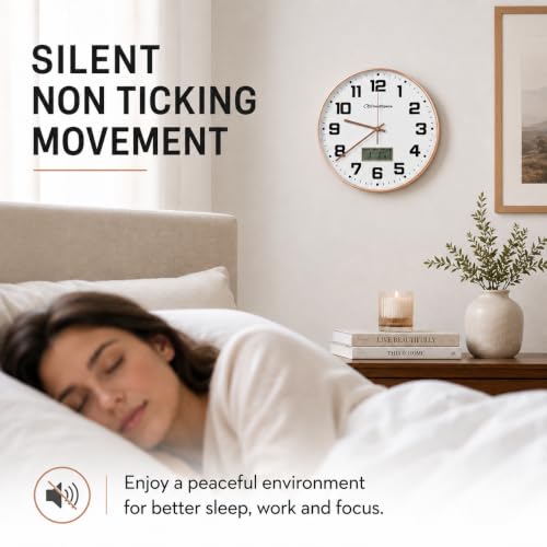 Image of Cloud Space 12 inch Silent Wall Clock Battery Operated, Non Ticking Modern Wall Clock with LCD Calendar & Fahrenheit Temperature Display, Easy-to-Read Kitchen Bedroom Office Living Room Wall Clock