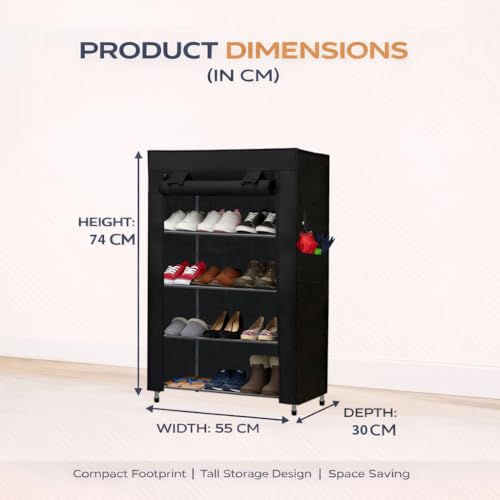 Image of 4 Tier Covered Shoe Rack for Home | Metal Shoe Storage Organizer with Dustproof Cover | Multi Layer Footwear Stand for Closet, Entryway, Bedroom & Office | Black