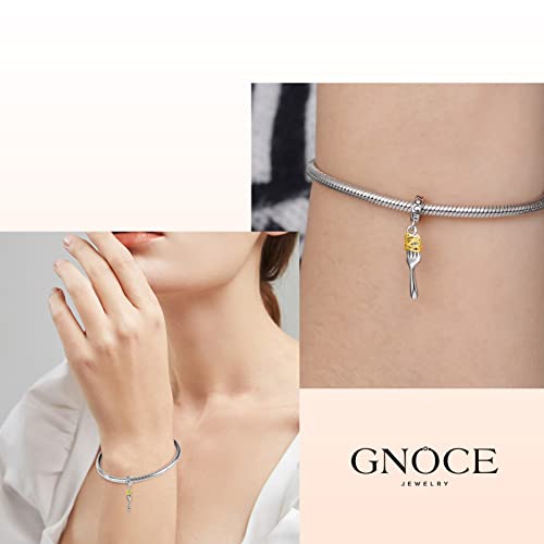 GNOCE Hamburger Embraces Heart Gemstone Charm Bead Coffee Cup Charms 925 Sterling Silver Food Charm Fits Bracelet/Necklace For Women Mother's Day Gift (Fork & Pasta)4