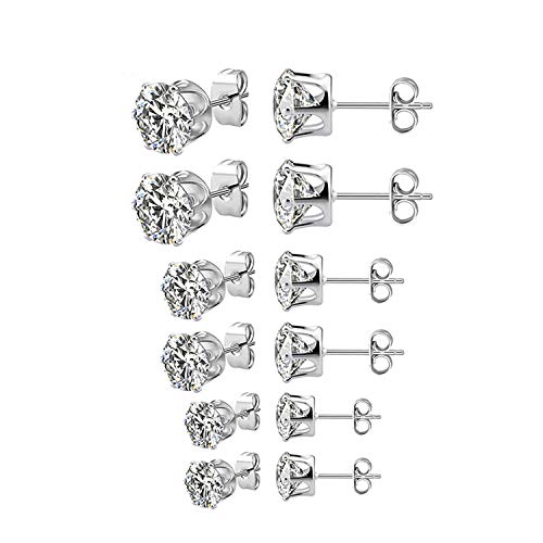 Women's Men Stainless Steel Round Clear Cubic Zirconia Stud Earring (6 Pairs)