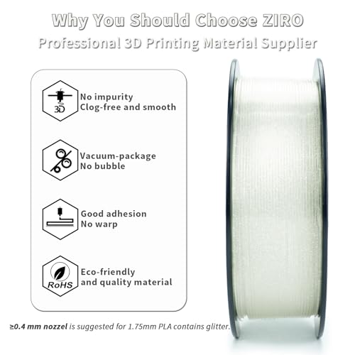 Image of ZIRO Glitter PLA Filament 1.75mm, 3D Printer Filament Shiny Sparkle pla with Glitter, Twinkle Series 1.75 1kg /2.2lbs Translucent Spool, Fit Most FDM 3D Printers, Twinkling Transparent