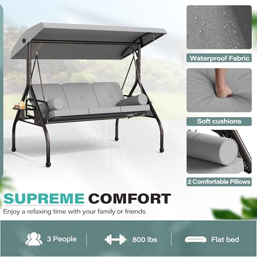 Image of SUNCROWN Outdoor 3 in 1 Porch Swing Chair, 3 Seat Patio Swing Glider with Adjustable Canopy, Heavy Duty Swings with Thickened Cushions, Pillows & Cup Holders for Backyard, Porch, Garden,Grey