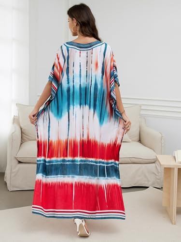 Image of IMAGEKOPE Women's Plus Size Loose Fit Moroccan Print V-Neck Batwing Kaftan Beach Dress Bathing Suit Cover Up