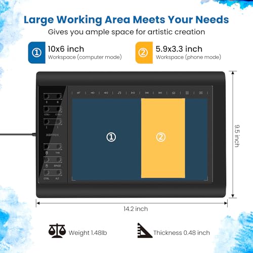 Image of Graphics Drawing Tablet 10 x 6 Inch Large Active Area Digital Graphic Tablet 8192 Levels Battery-Free Stylus with 12 Shortcut Keys & Multifunctional Adjustable Stand