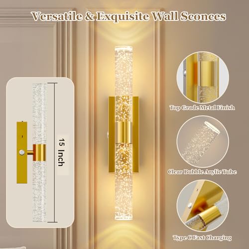 Image of Yunaking 5000mAh Battery Operated Wall Sconces: 15 Inch Rechargeable Wall Lights Set of 2 with Arylic Shade - 3000K-6000K Dimmable Wireless LED Wall Lamp with Remote for Bedroom Bathroom
