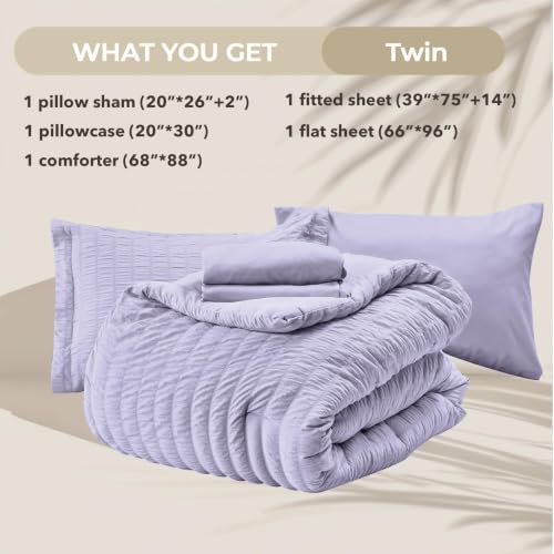 Image of HYMOKEGE Light Purple Twin Comforter Set Seersucker 5 Pieces, All Season Luxury Bed in a Bag for Bedroom, Bedding Set with Comforter, Sheets, Pillowcase & Sham
